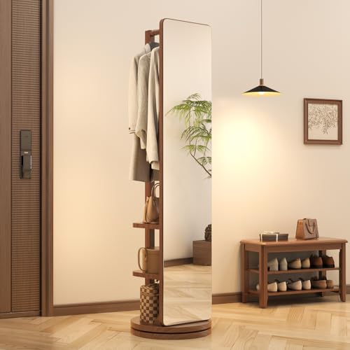 AnywaysWood Full Length Mirror with Stand,Mirror Coat Rack,65.7 ''×15.8 ''Floor Mirror for Bedroom, Living Room, Dressing Room(Walnut)