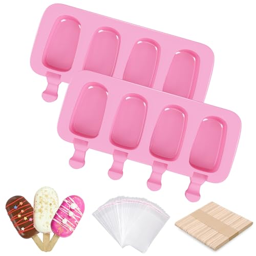 Ouddy Life Popsicle Molds Set of 2, Ice Pop Molds Silicone 4 Cavities Ice Cream Mold Oval Cake Pop Mold with 50 Wooden Sticks for DIY Popsicle (Pink)