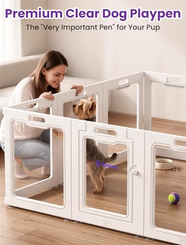 Image of DELOMO Clear Acrylic Indoor Dog Playpen, 24 inch H 12-Panel with 2 Doors, White