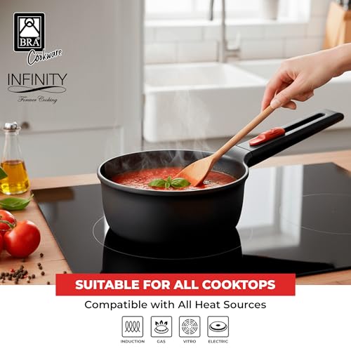 Image of BRA COOKWARE Infinity Nonstick Saucepan with Glass Lid | 6.3 Inch 1.2 Quart Deep Pot | PFAS Free Soup Pot | Deep Pan Ideal for Boiling or Warming on All Cooktops incl. Induction | Removable Handle
