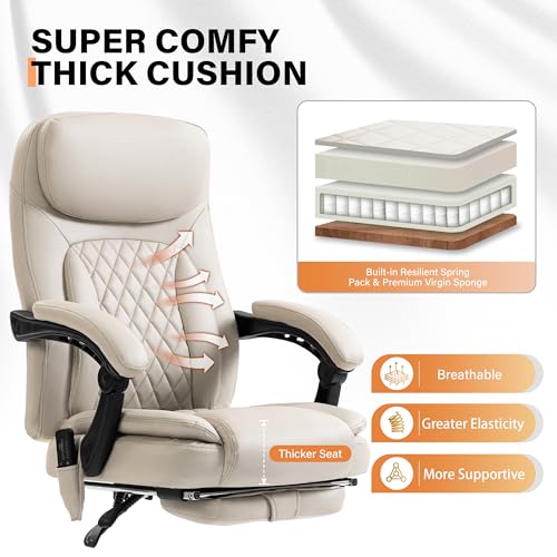 Image of 500LBS Massage Office Chair, Reclining 6 Points Vibration and Heat Desk Chair with Foot Rest, Ergonomic Executive Office Chairs, Comfy Wider & Thicker Seat, Big and Tall Gaming Chair, PU Leather Beige
