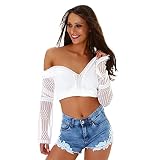 Jela London Damen High-Waist Hotpants Jeans-Shorts Häkel-Spitze Fransen Stretch Skinny Push-Up Bleached Denim, Hellblau 34-36