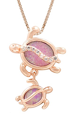Honolulu Jewelry Company Rose Gold Plated Sterling Silver Mom and Baby Turtle CZ Pendant with Simulated Pink Opal 18" Box Chain