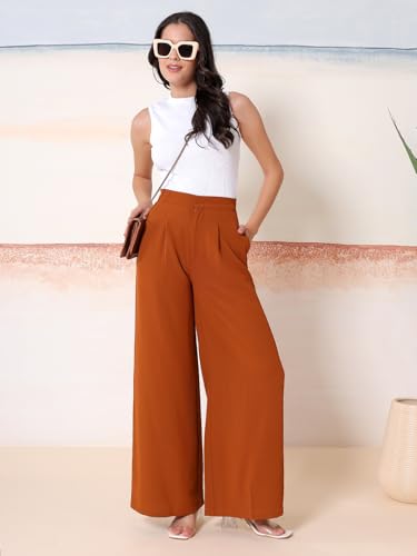 Image of KOTTY Womens Solid Straight fit Pleated Front Office Wear Pant