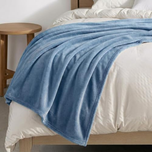 Image of Martha Stewart - King Size Blanket, Ultra-Soft Plush Fleece Throw Blanket with Double-Needle Stitching, 350 GSM, Medium Weight Bedding for Bed or Couch (Bedford Solid Blue)