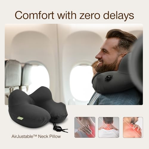 Image of Coop Home Goods AirJustable Travel Neck Pillow, Inflatable, Adjustable Support for Neck & Chin, Compact, Soft Memory Foam Comfort, Airplane Travel Essentials, Cooling & Washable Cover
