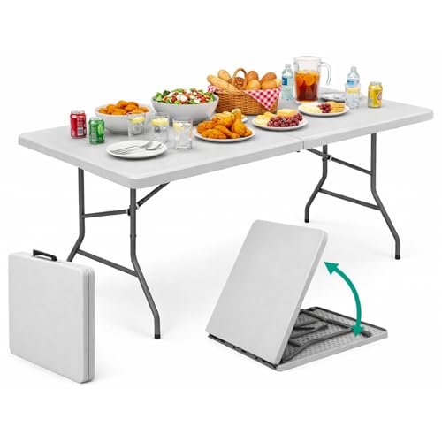 shopbest.it Tavolo Pieghevole 180x70 cm Valigetta, Tavolino Richiudibile in HDPE con Maniglia, Tavolo Catering Buffet Campeggio Giardino Esterno Interno, Struttura in Acciaio, Bianco
