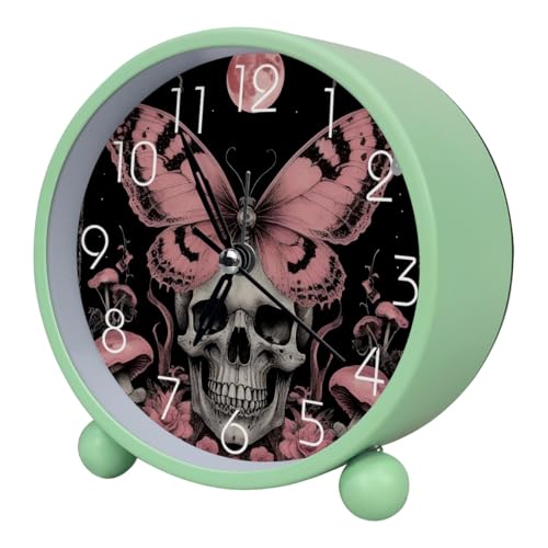Image of Luoweisi Analog Alarm Clock Skull Butterfly Moon, Silent Non-Ticking with Night Light, Battery Operated, Round Desk Alarm Clock for Office, Bedroom, Elderly, Adults, Children, Student Gifts