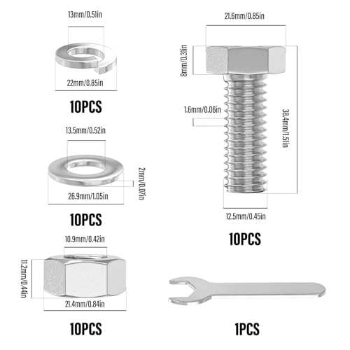Image of 10PCS 1 /2-13 x 1-1 /4 inch 304 Stainless Steel External Hex Bolt, Fully Threaded Bolt with Nut Flat & Lock Washers and Spanner
