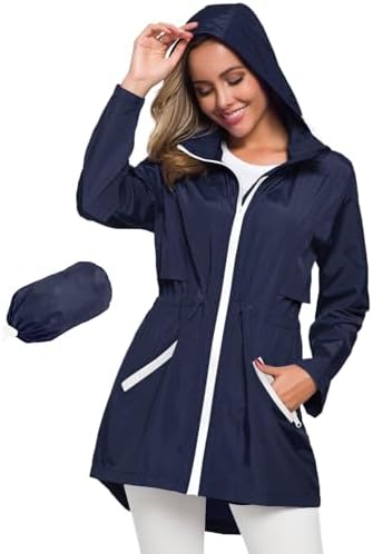 Avoogue Women's Long Raincoat with Hood Lightweight Waterproof Rain Jacket
