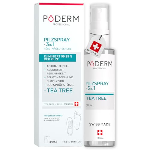 PODERM 3-in-1 Pilzspray für Nägel Füße & Schuhe | 99 9% der Fußpilzsporen & Bakterien in 1 Stunde zu eliminieren | Teebaum Zink & Minze | Swiss Made | Entwickelt von einem Podologen