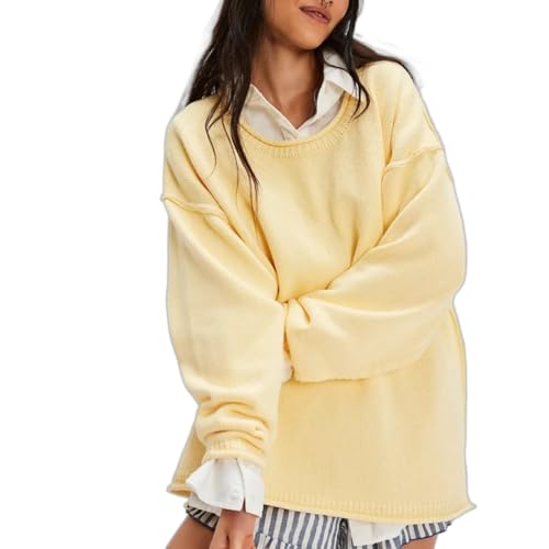 Womens Casual Oversized Sweater Reverse Seam Crew Neck Long Sleeve Knit Tops Loose Fit Pullover Sweaters