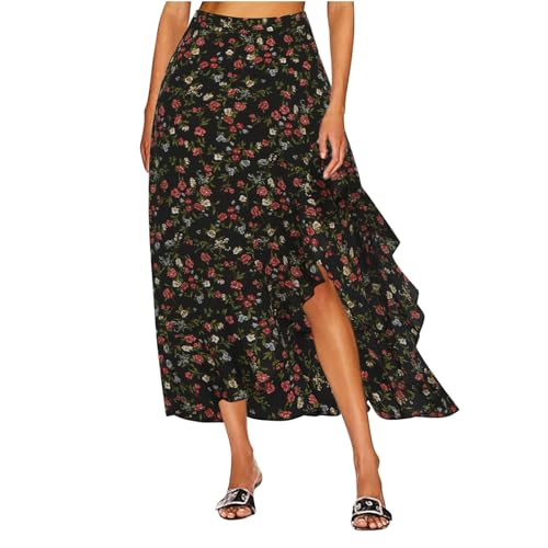 Womens Boho Peplum Slit Maxi Long Midi Knee High Floral Print Loose Fit Skirts for Women Chiffon 2025 Y2K