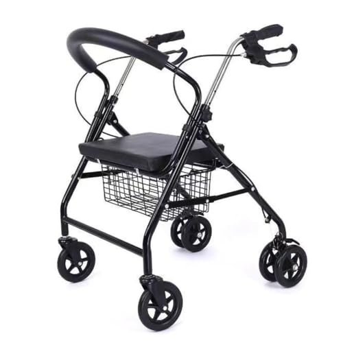 AOPIPI 移動補助具、トロリー、折りたたみ式ショッピングカート、バッグ/シート付き軽量歩行器、4輪、操作簡単、頑丈、歩行トロリーとトレーラー付き、障害者および高齢者向け (6輪の黒いショッピングボックス,A)