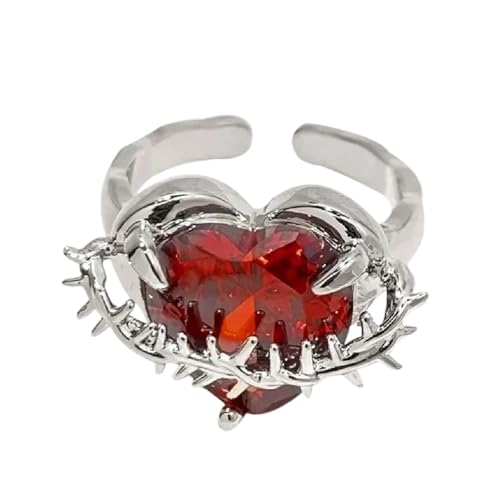 Bague coeur rouge en zircone avec anneau ouvert ajustable style vintage
