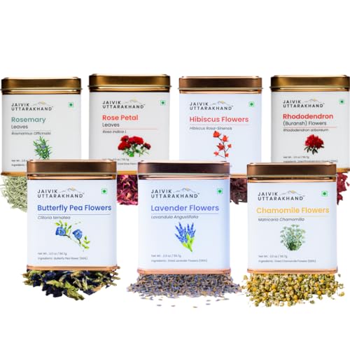 Image of Jaivik Uttarakhand - Herbal Tea Gift Pack (7 Count (Pack of 1) (56.7g), Lavender Buds, Butterfly Pea, Hibiscus, Chamomile, Rose Petals, Rosemary, Rhododendron (Buransh) Tin Can)
