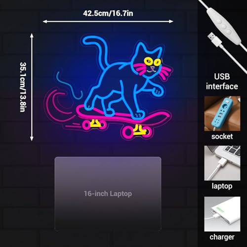 Image of Cute Cat Neon Sign, Skateboard Neon Signs for Wall Decor Dimmable USB Room Decor for Teen Girl, Party, Bedroom, Pub, Furniture, Gifts for Birthday, Christmas (Cool Cat-Blue)