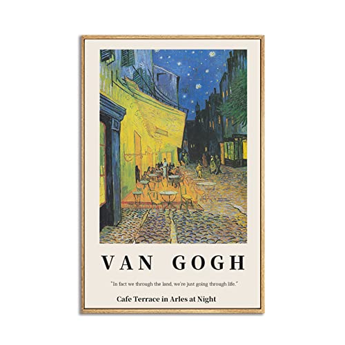 Vincent Van Gogh Framed Wall Art Print Cafe Terrace At Night 1888S By Van Gogh Canvas Wall Art Impressionism Lovers Of Art For Living Room, Bedroom, Office -12"X16" Natural Framed #TOP5