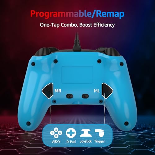 Image of Kamylorus Wired Pro Controller for Switch 2 /1 /PC, Hall Effect Joysticks Gaming Controller with 2 Back Buttons Support Remap /Programmable, Motion Gyro Control, Cool RGB Light, 3.5mm Audio Jack, Dual Vibration (Blue)