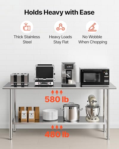 Image of VEVOR Stainless Steel Work Table, 24x72 Inch Food Prep Table, Commercial Kitchen Workstation with Adjustable Undershelf, Metal Heavy Duty Utility Worktable, for Restaurant Home Hotel Garage Outdoor