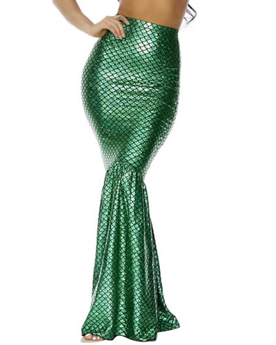 Acrawnni Frauen Meerjungfrau Rock Kostüm Dessous Halloween Cosplay Fancy Pailletten Langschwanz Kleid mit asymmetrischem Mesh-Panel (C-Grün, M)