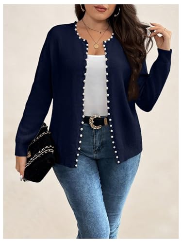 Image of BEAUDRM Women's Plus Size Pearls Beaded Cardigan Open Front Long Sleeve Casual Sweater Top