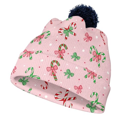 Babrukda Kids Winter Hat Beanie with Pompom Warm Skull Cap Hat Christmas Snowflake Thick Slouchy Skull Headwear Roll-up Edge