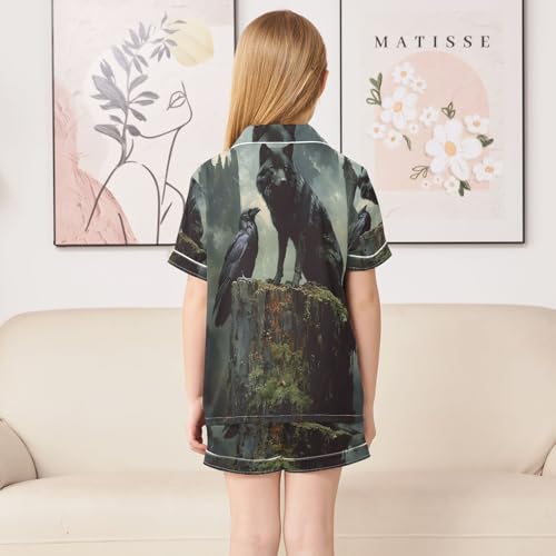 ALAZA Wolf Crow Bird Satin Pajamas Set Short Sleeve Button Down Sleepwear Summer Pjs 2 Piece4
