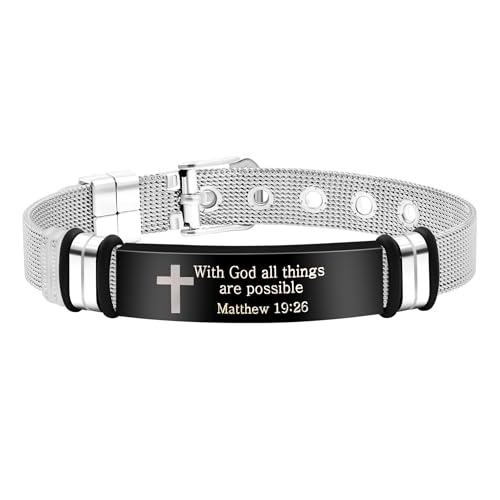 Zircobic Classic and Simple Men's Christian Scripture Jewelry- with Carving with God All Things Are Possible Bible Bracelet, Gifts for Family, Friends and Brothers SA5124(19:26)