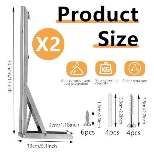 Fatiya 2 Pack Stainless Steel Folding Shelf Brackets, 12 Inch Folding Table Brackets Heavy Duty - Image 2