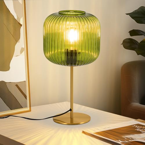 JERANDO Vintage Glass Table Lamps, Small Green Bedside Table Lamp