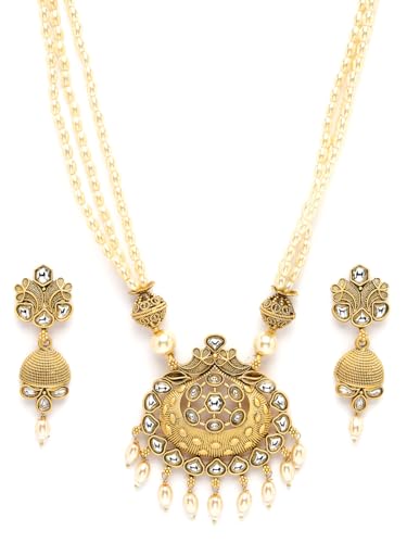 Image of Adiva Stylish Traditional Gold-Plated Kundan Stone Studded & Pearls Handcrafted Necklace with Earrings Jewellery Set for Women & Girls
