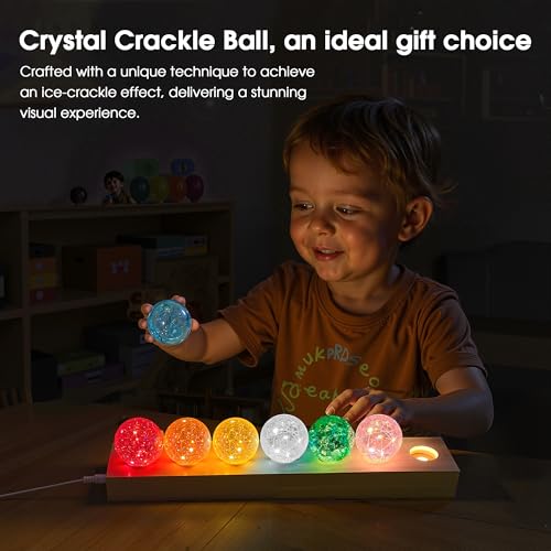 Image of L LOHAS LED 7 Colors 40mm Ice Cracked Balls Crystal Chakra Balls | LED Wooden Base Glass Healing Sphere Balls with Stand Night Light Decoration Quartz for Home Living Room