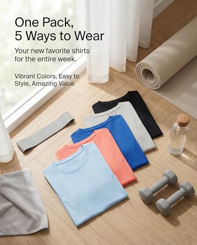 Real Essentials 5 Pack: Women's Short Sleeve T-Shirts Workout Tops Fitness Pilates Gym Activewear Athletic (Plus Available), Set 4, L, Pack of 5