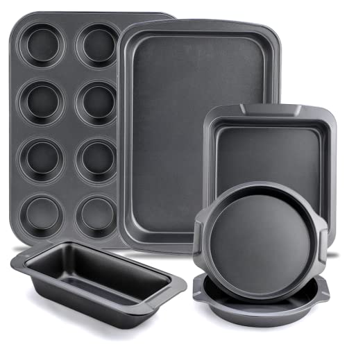 Aggert Bandeja de metal para hornear, juego de 6 utensilios antiadherentes de acero al carbono, charola para hornear galletas en capas para tartas de 12 tazas, bandeja cuadrada para hornear