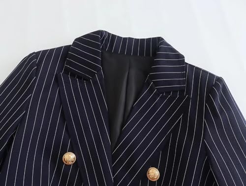 Women Striped Chic Office Blazers Coats Casual Lapel Button Long Sleeve Double Breasted Slim Blazer3
