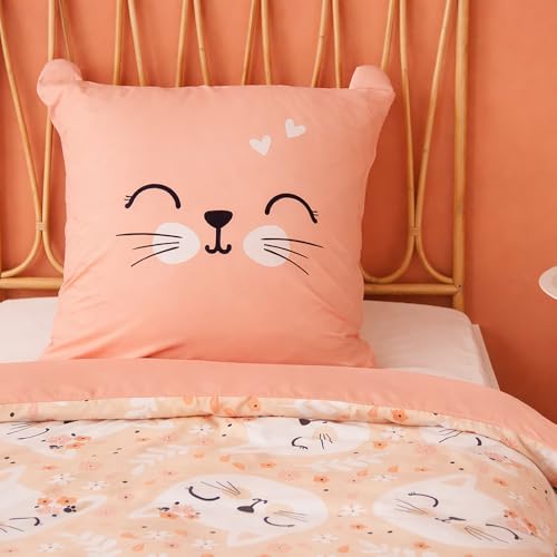 Housse de couette 140x200 enfant chat rose en microfibre avec taie d'oreiller