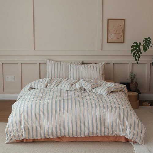 Image of Striped Comforter Set King Size, 3 Pieces Lightweight Striped Bedding Comforter Set, Fluffy Soft Blue Brown Stripes Pattern Printed Bedding Set, Breathable King Size Comforter with 2 Pillowcases