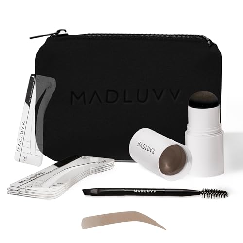 MADLUVV Brow Stamp Kit with Brow Stencils Easy Eyebrow Shaper for Natural-Looking Brows Popular Eyebrow Stencil Kit Used by Professionals 9 Shapes Spoolie Travel Bag & Stamp (Soft Brown)