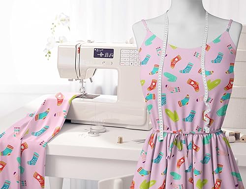 Image of Soimoi Pink Poly Georgette Fabric Socks & Gloves Folk Art Print Sewing Fabric Meter 52 Inch Wide