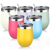 12oz/6 Pack Stainless Steel Wine Tumbler with Lid and Straw, Double Wall Vacuum Insulated Wine Tumbler Glasses, Stemless Travel Mugs for Hot and Cold Drinks, Coffee, Wine, Cocktails(Mix Color-1)