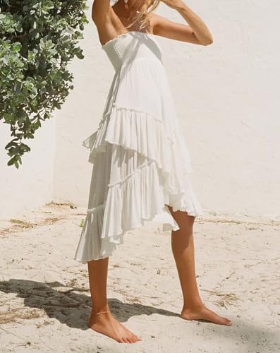 chouyatou Women's Boho Convertible Tube Top Skirt Dress Smocked Asymmetrical Swing Maxi Skirt Ruffle Long Sundress3