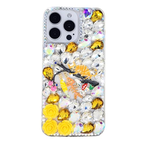 Ymyhyuxi Fundas para Samsung Galaxy A70 con diamantes de imitación 3D de lujo brillantes con diamantes de imitación de gatos y peces (amarillo)