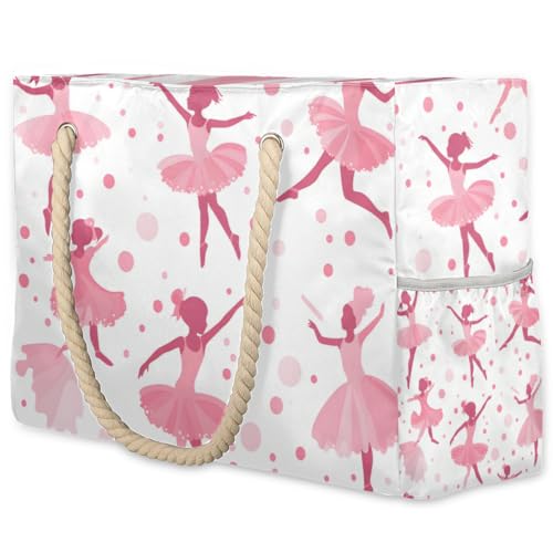 Cute Ballerina Beach Bag for Women Waterproof Pool Bag Sandproof Large Tote Bag with Wet Pocket Handbag with Zipper for Gym Beach Travel Work