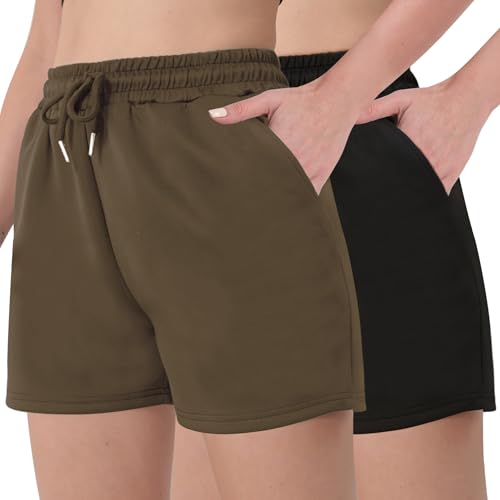 FEQO 2 Pack Women's Sweat Shorts with Pockets Drawstring Workout Lounge Shorts Casual Summer Running Clothes, Black & Coffee, XL