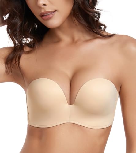 Lemorosy Women's Wireless Push Up Plunge Padded Non-Slip Invisible Strapless Bra (34A, Beige)