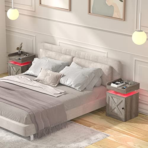 HOSEOKA Nightstand with Charging Station and LED Lights, Bedside Table with Storage Cabinet for Bedroom Furniture Farmhouse LED Night Stand Side Bed Table Living Room End Table