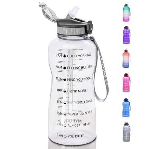 MYFOREST 74oz/2200ml Large Water Bottle, Time Marker for Motivational Hydration, Drop-proof, BPA-free, Flip Top Nozzle/Straw/Carry-Strap/Wide-Mouth for Easy Clean: Cold/Hot/Carbonated/Cider