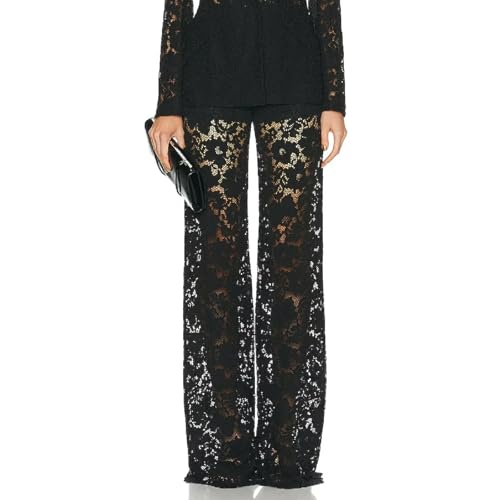 Women Sexy Floral Lace Pants Solid Color High Waist Straight Pant Casual See Through Lace Long Pant Streetwear4
