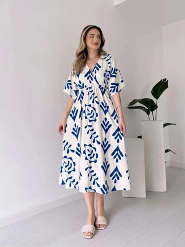 Image of Women's Summer Midi Dress - Floral Print V-Neck Casual Loose Fit Beach Dress with Short Sleeves and Elastic Waist 100% Cotton, Black and White